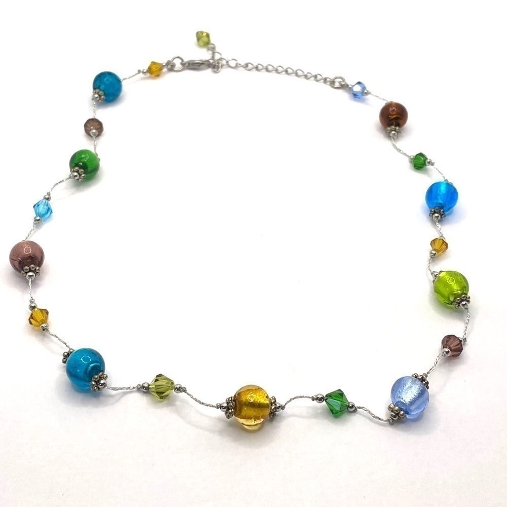 Necklace Glass Beads Silver Tone Chain 18.5” +3”